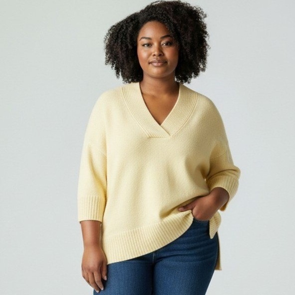 Chicos Womens Sweater Sz 8 Yellow Cotton Relaxed Oversized Half Sleeves‎ Casual